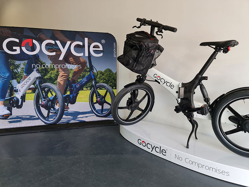 Gocycle Folding Electric Bikes on display at Spoke and Motor in Ely, Cambridgeshire.