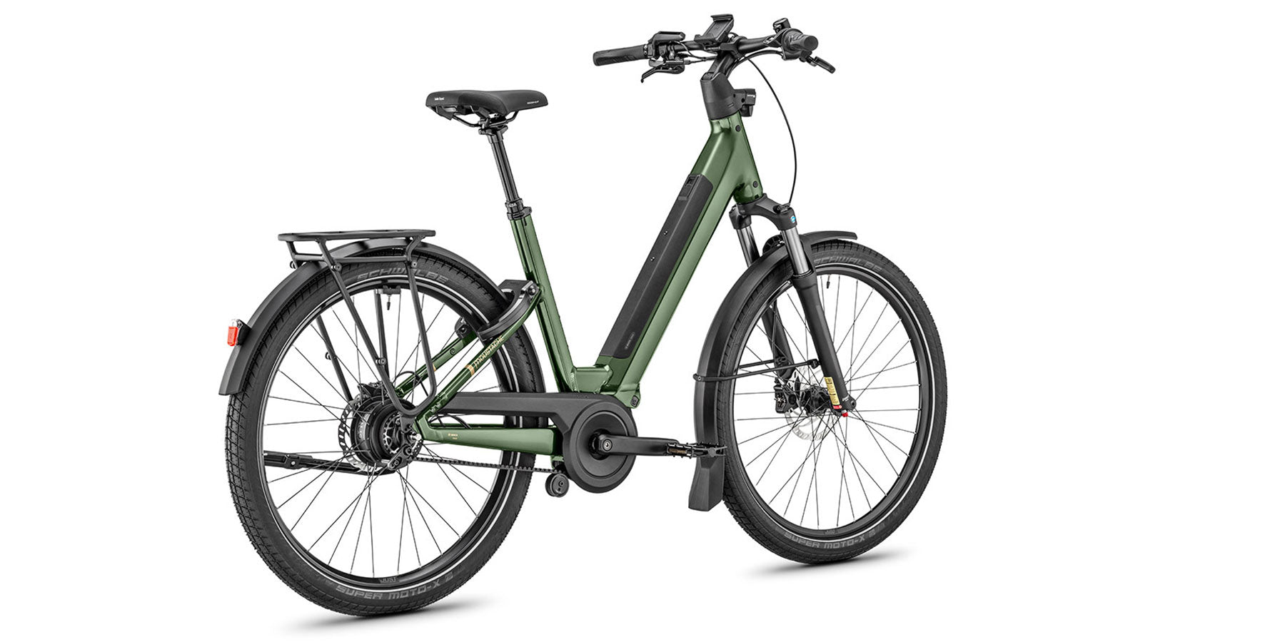 Green, belt drive, electric bike made by Moustache Bikes
