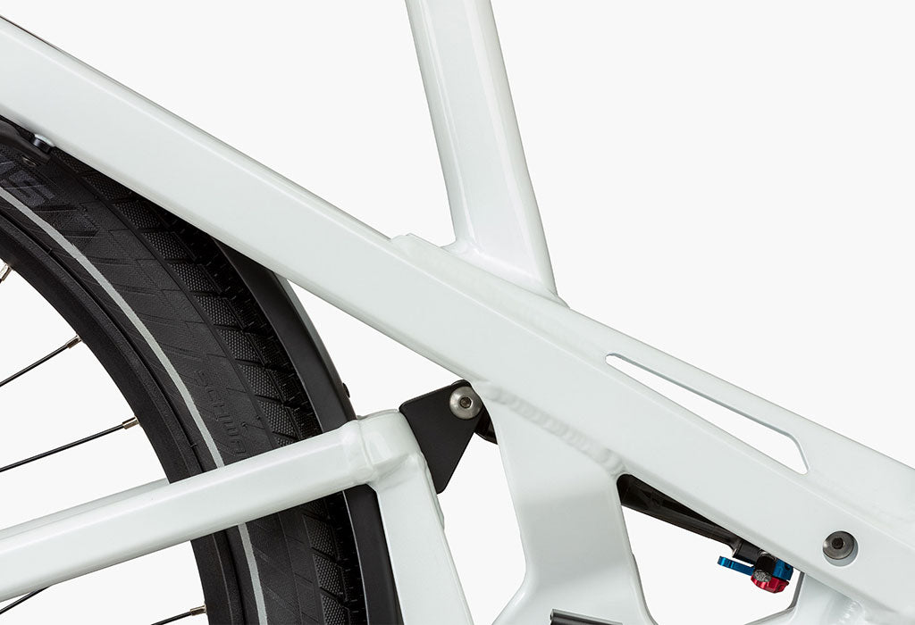 The rear suspension on a Homage electric bike by Riese and Muller.