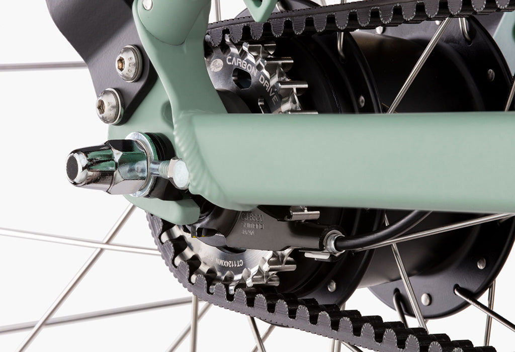 Carbon belt drive on a Swing electric bike by Riese and Muller.
